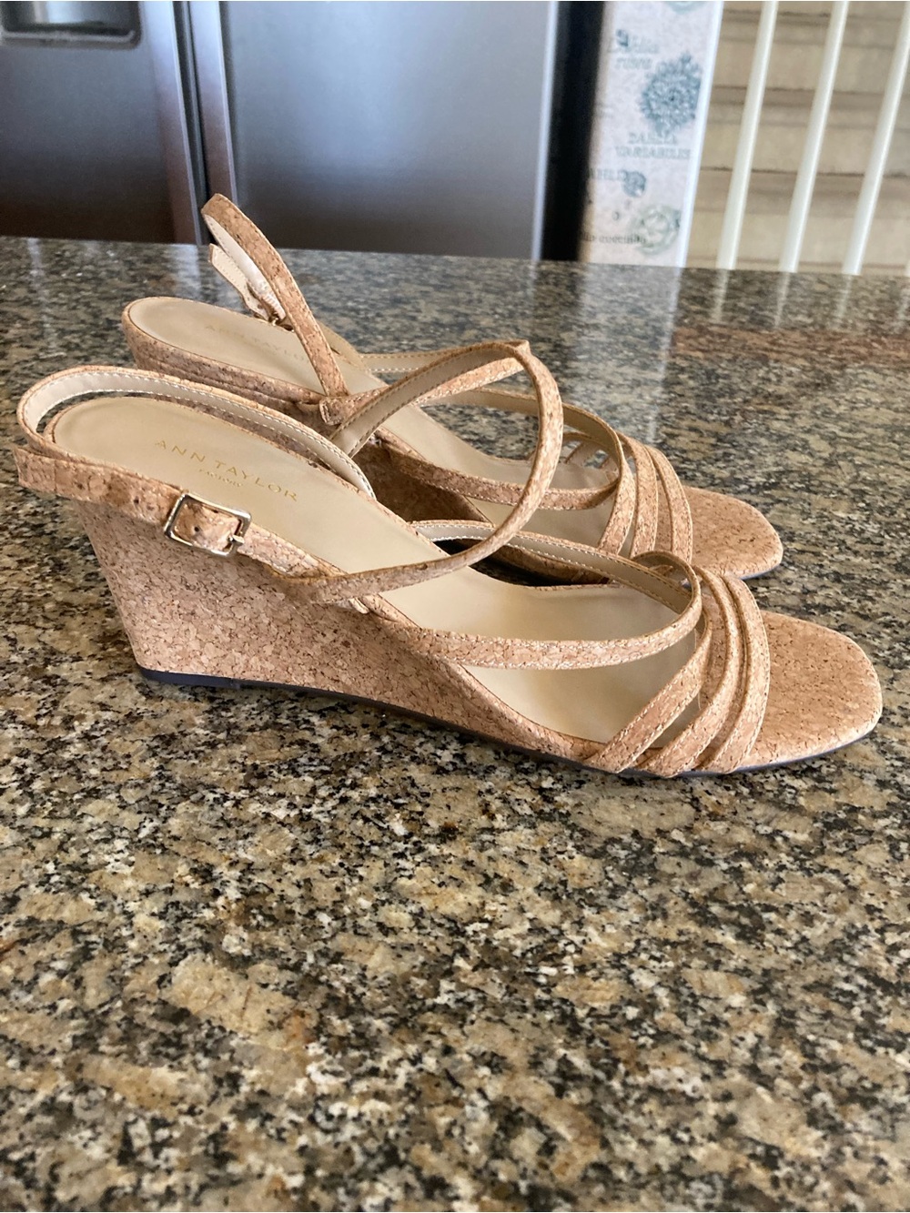 Ann Taylor Cork Strappy Wedge Sandals in Tan Size 9
